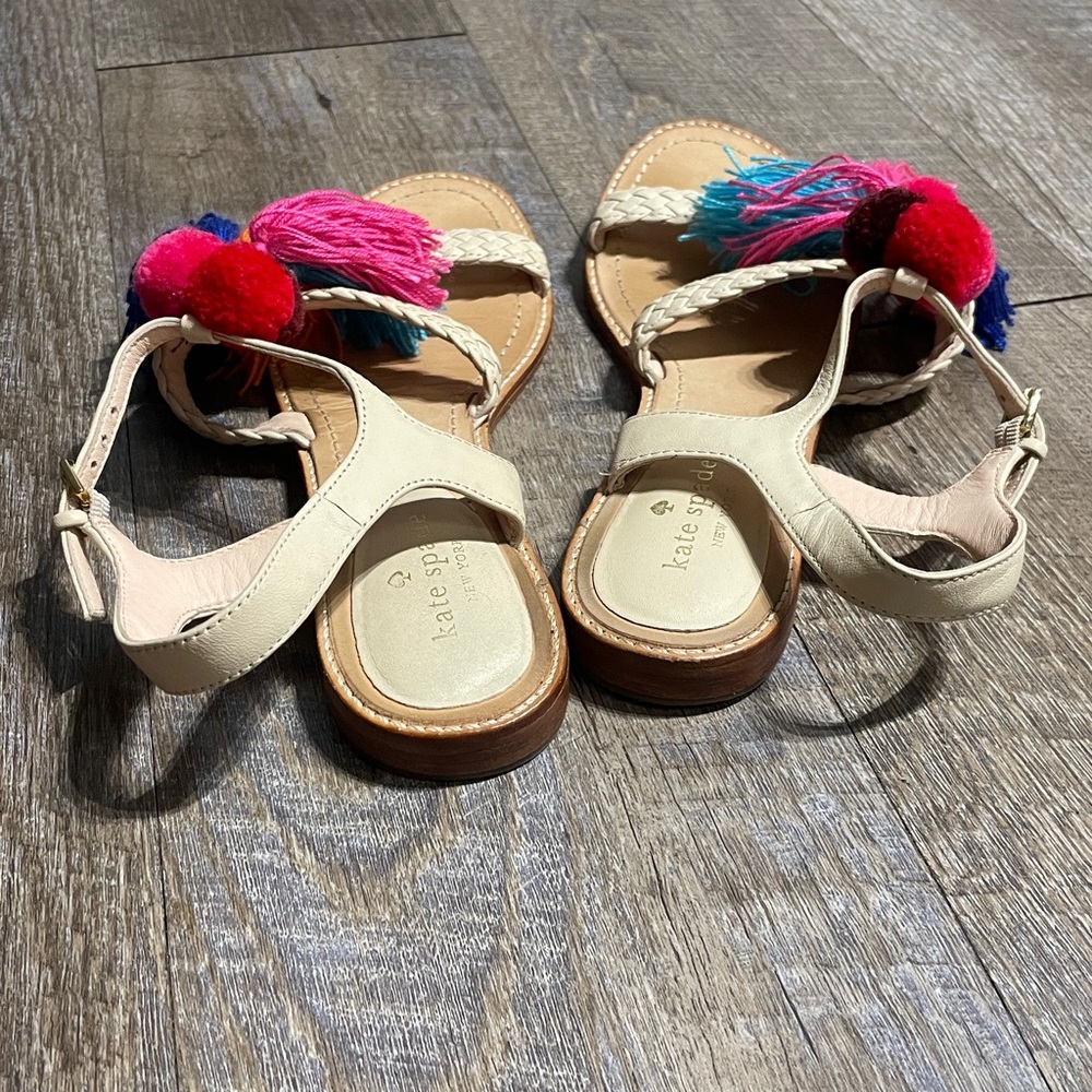 Kate Spade Braided Leather Pom Pom Fringe Tassel Gladiator Sandals - Picture 2 of 6